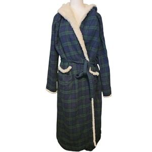LL Bean Plaid Flannel Robe Hooded Sherpa Lined Bath Sleep Lounge Green Blue M